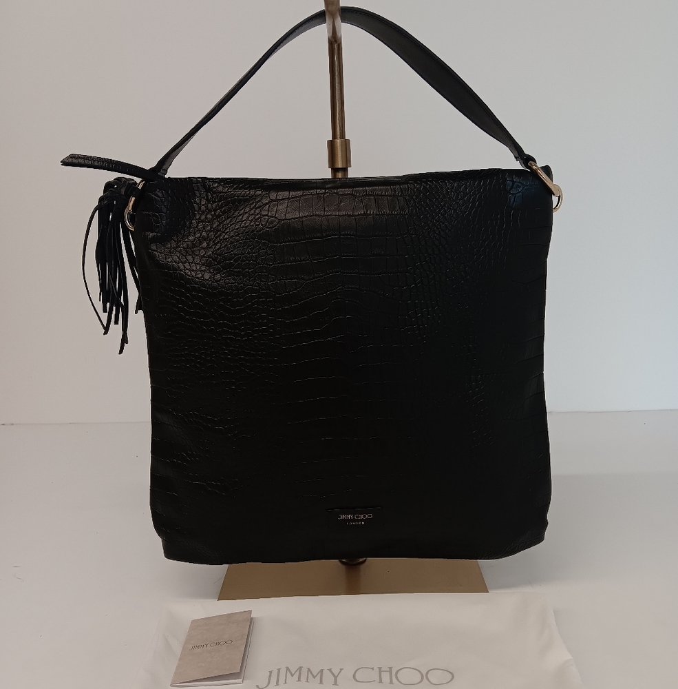 Jimmy Choo Croc-Embossed Leather Soft Hobo Bag - Black